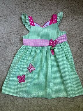 Girls Green Gingham Butterfly Sundress with Pink Accents